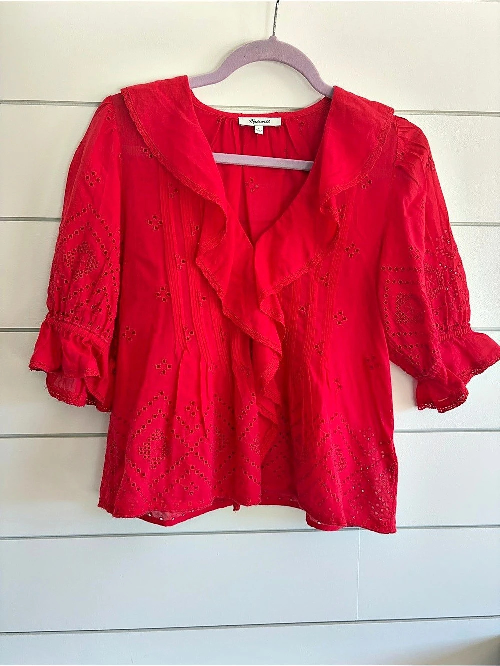 Madewell Eyelet Ruffle-Front Blouse Pink Small